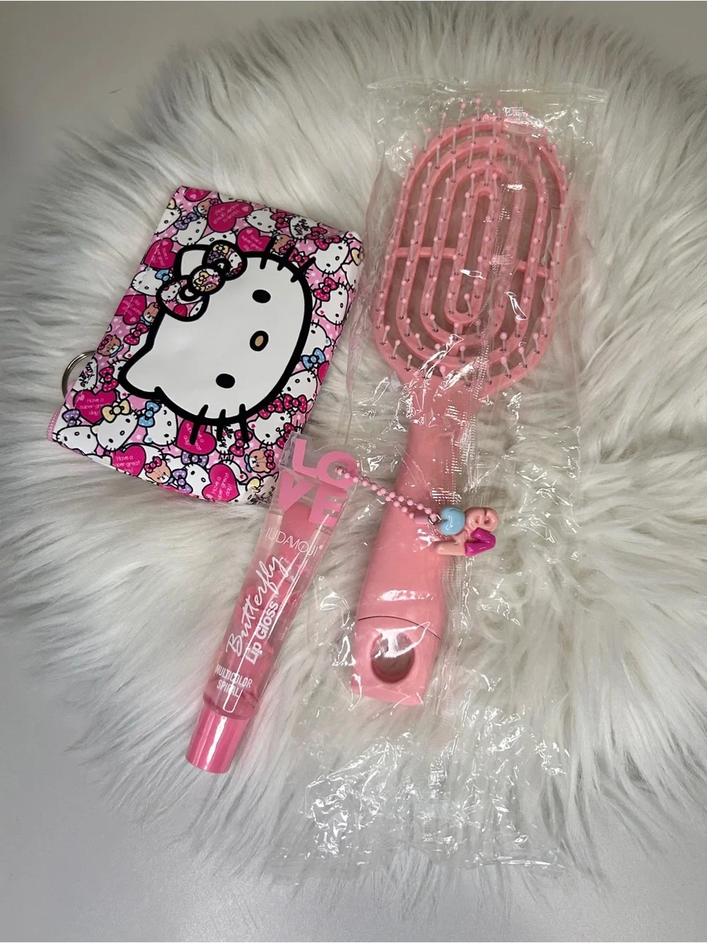 Hello Kitty Pink Leopard Plush Headband Gift Set with Pink Brush & Lip Gloss